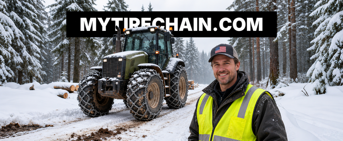 Snowy tractor with tire chains and a winter equipment specialist